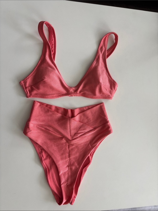 aerie Other - aerie Ribbed High-Waist Bikini Set in Coral Pink